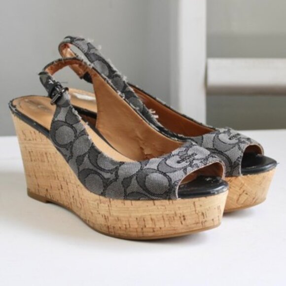 Coach Shoes - Coach Ferry Grey Logo Jacquard Tan Cork Wedge Slingback Sandal Heels Size 6.5